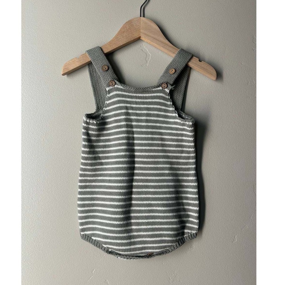 Mebie Baby Stripe Knit Overall Romper Grey Cream Scandi Neutral Photoshoot